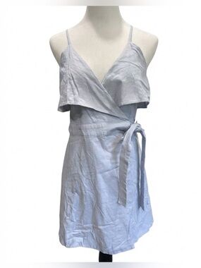 HD in Paris Light Blue Cotton Linen Blend Layered Wrap Mini Dress Size Small S